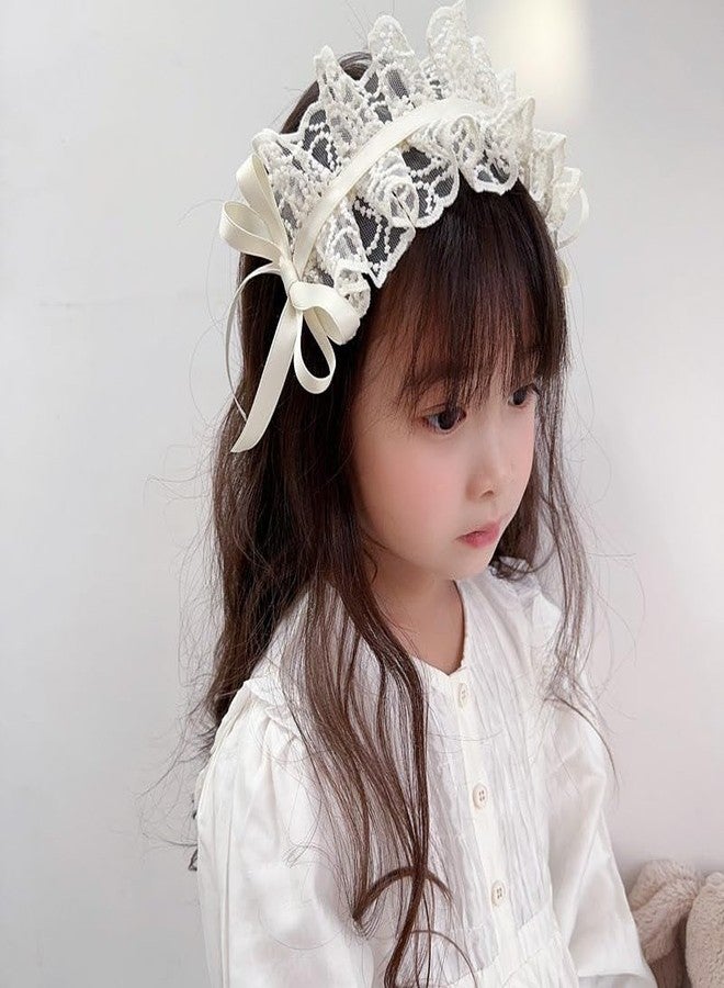PLwelth White Flower Lace Headband Bow Wide Hairband for Kids Girls Vintage Floral Embroidered Head Bands Thick Headbands with Teeth Elegant Hair Accessories for Cosplay Tea Party Princess Wedding - Image 1